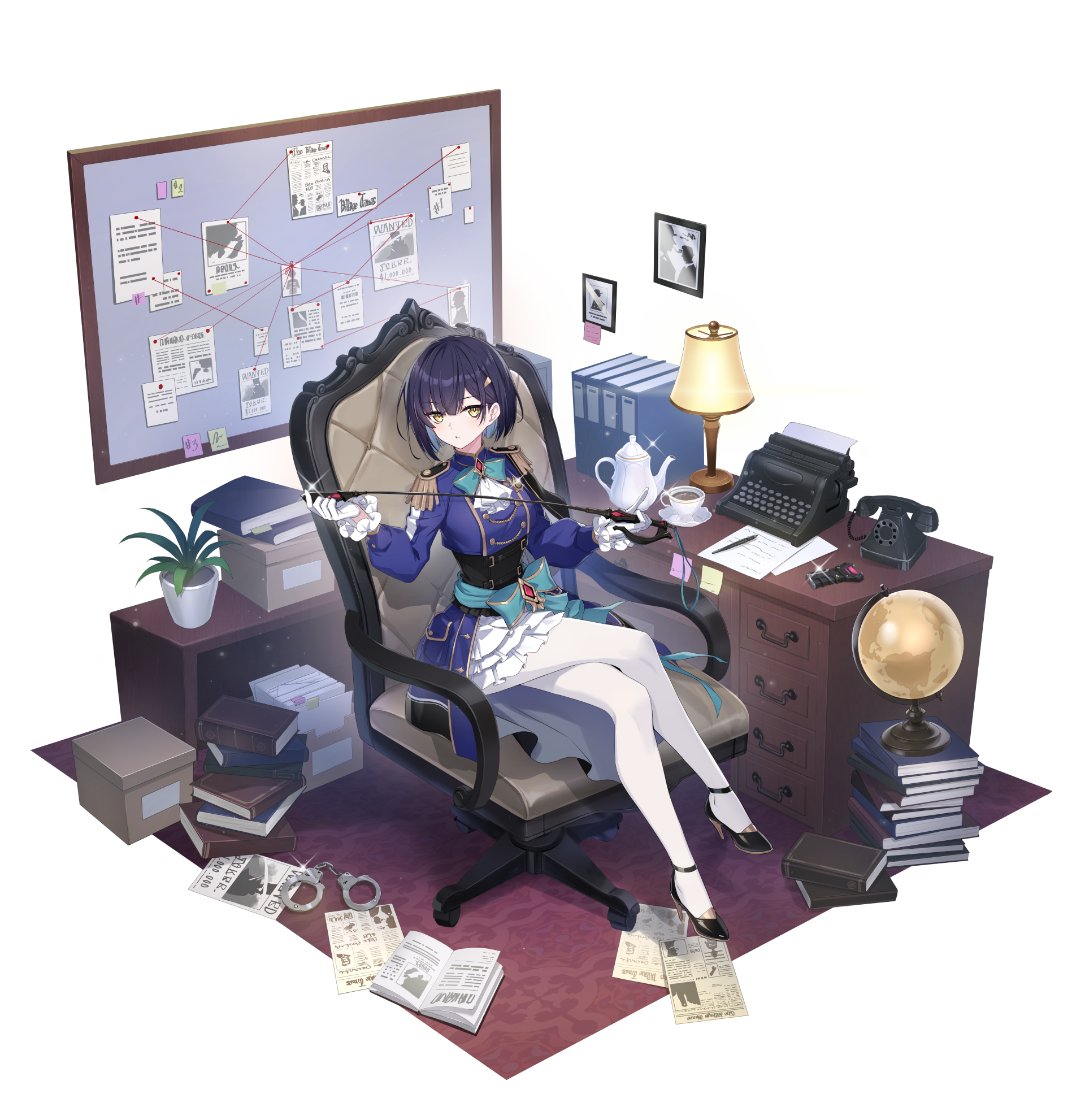 調査資料に囲まれて椅子に座るグウェンの公式紹介イラスト